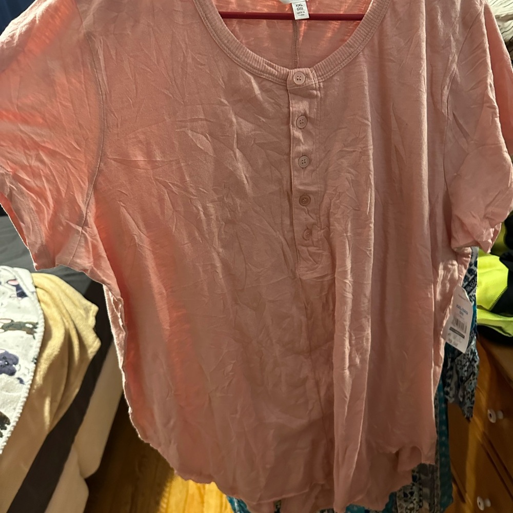 Time and Tru Women's Henley Tee - Gray and Green